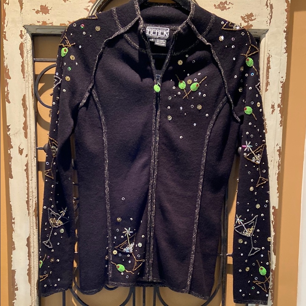 Berek Black Sweater with Martini and Olives Sequins size small